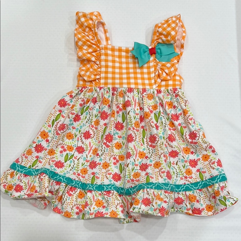 Orange Gingham Floral Dress with Bow